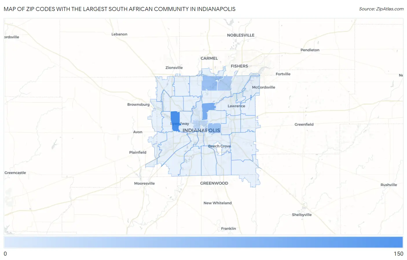 Zip Codes with the Largest South African Community in Indianapolis Map