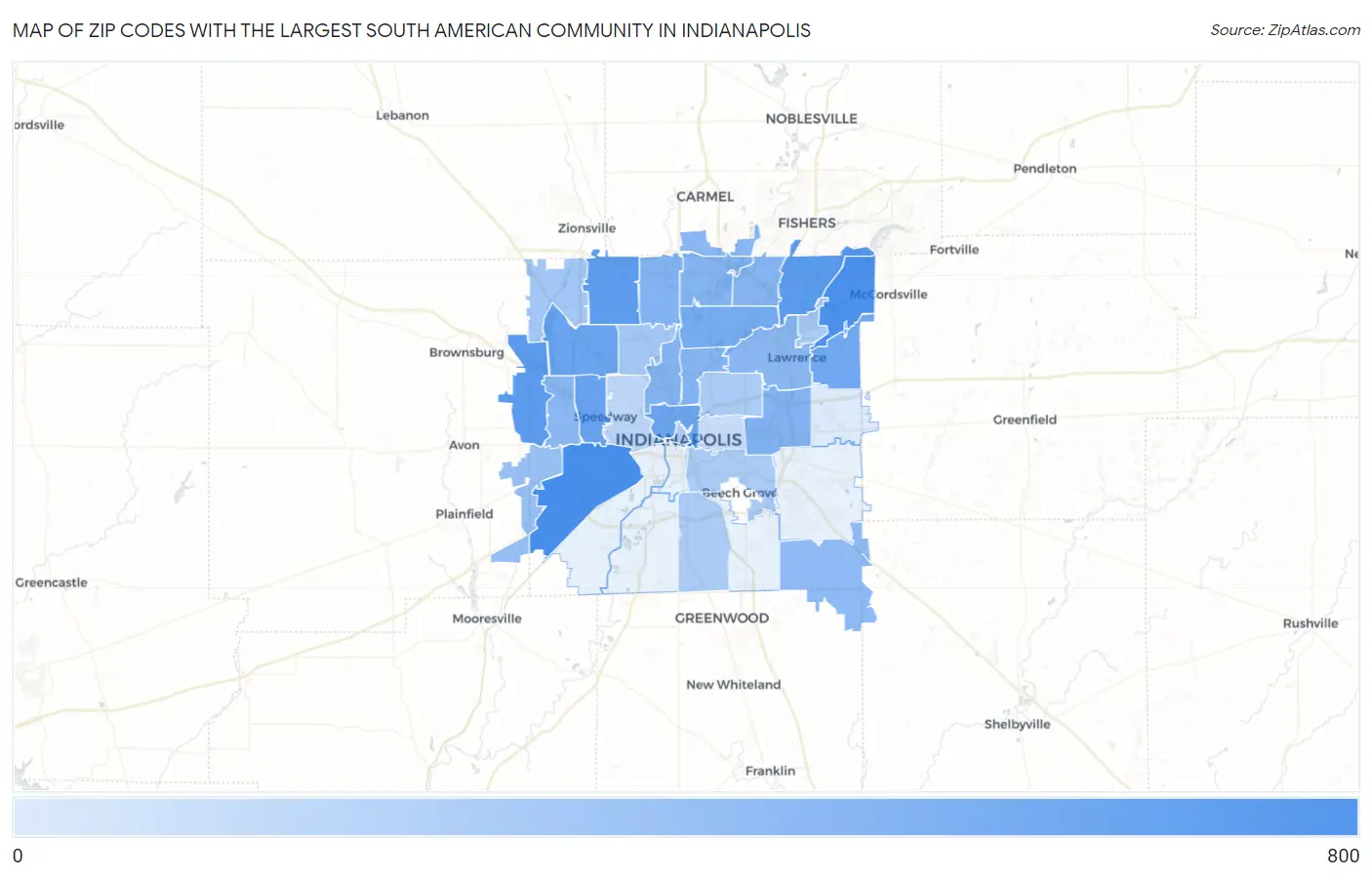 Zip Codes with the Largest South American Community in Indianapolis Map