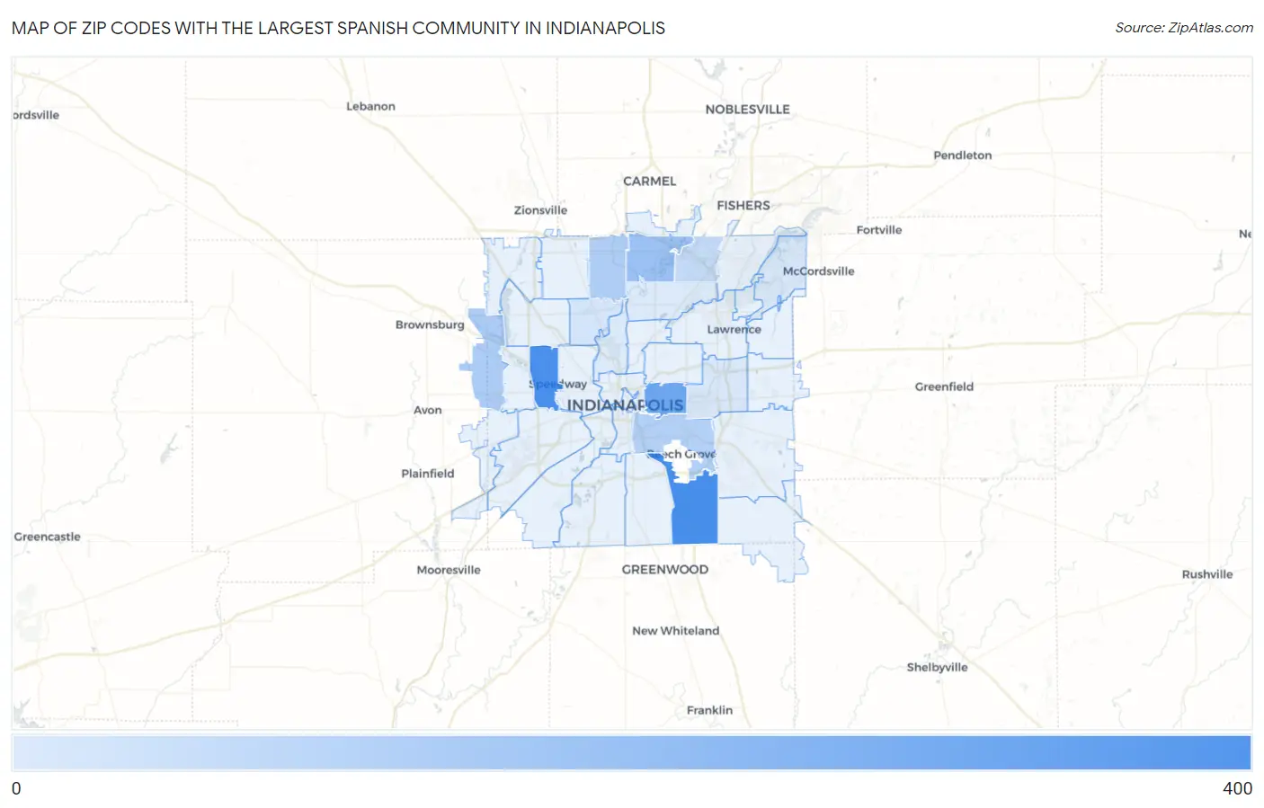 Zip Codes with the Largest Spanish Community in Indianapolis Map