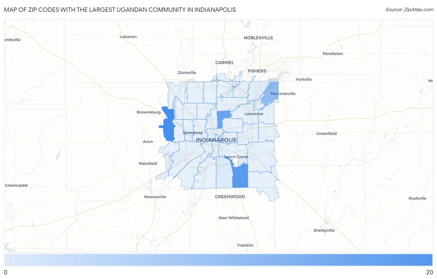 Zip Codes with the Largest Ugandan Community in Indianapolis Map