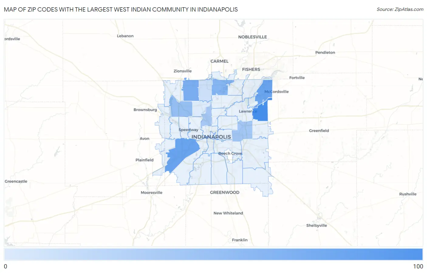 Zip Codes with the Largest West Indian Community in Indianapolis Map
