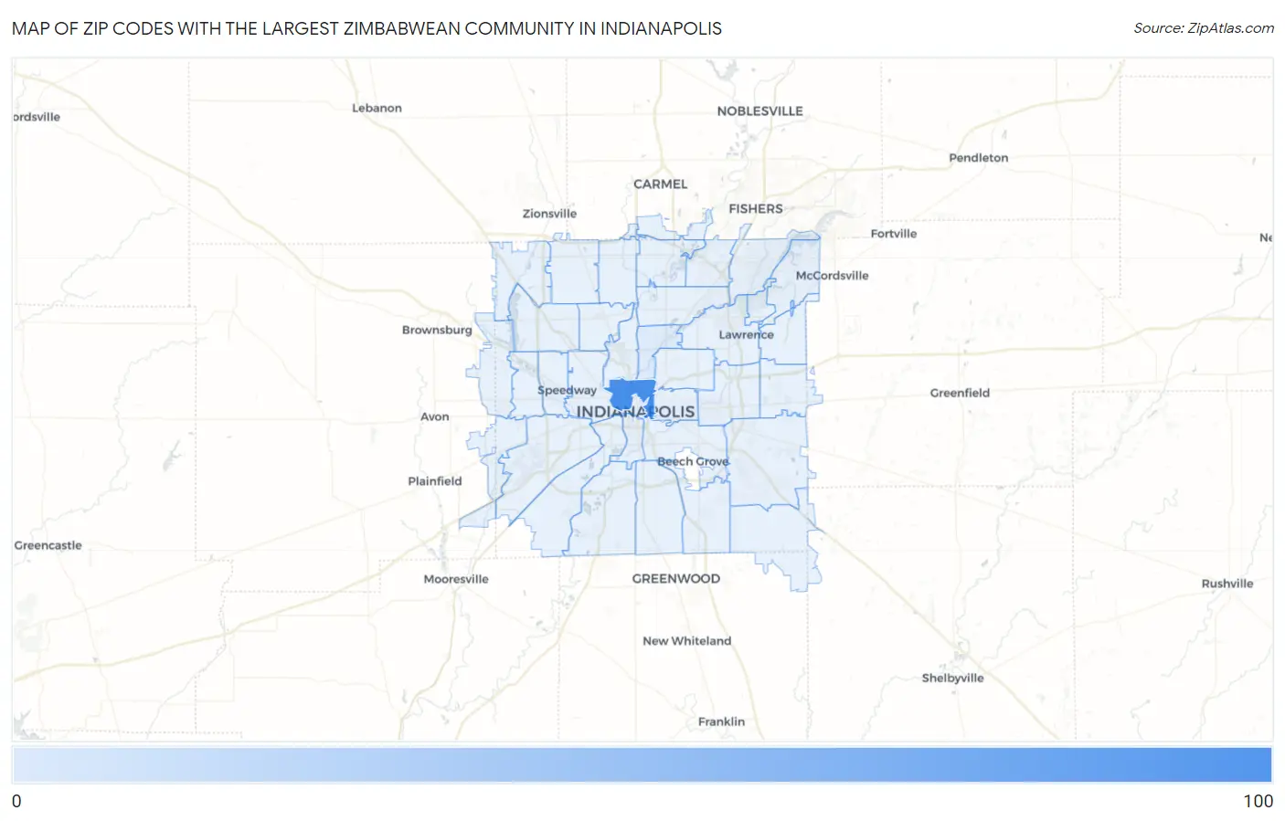 Zip Codes with the Largest Zimbabwean Community in Indianapolis Map