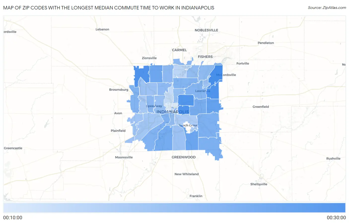 Zip Codes with the Longest Median Commute Time to Work in Indianapolis Map