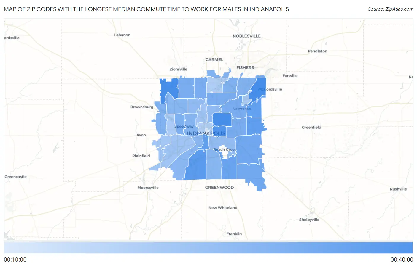 Zip Codes with the Longest Median Commute Time to Work for Males in Indianapolis Map