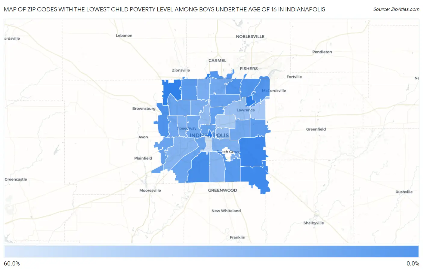 Zip Codes with the Lowest Child Poverty Level Among Boys Under the Age of 16 in Indianapolis Map
