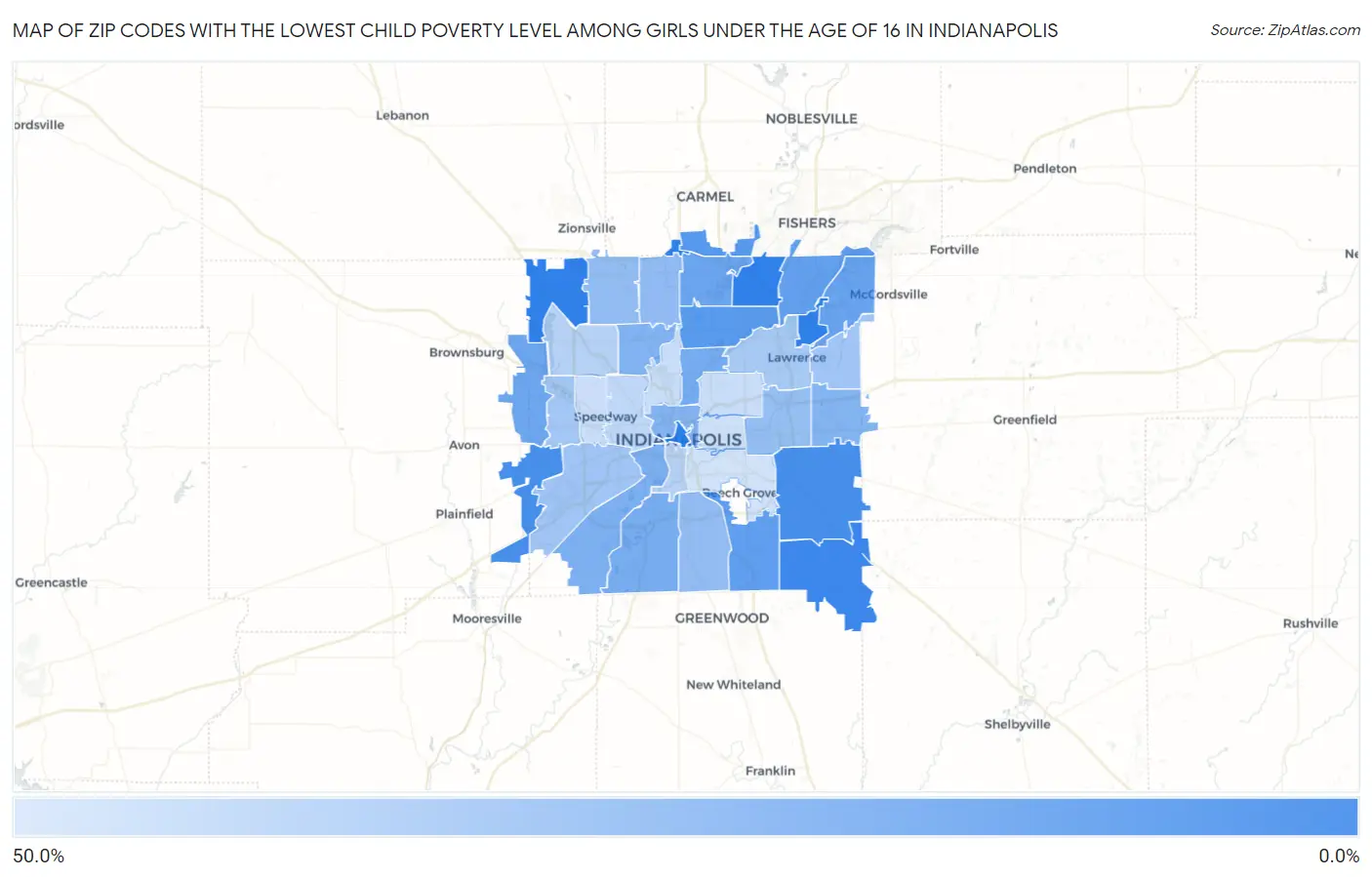 Zip Codes with the Lowest Child Poverty Level Among Girls Under the Age of 16 in Indianapolis Map