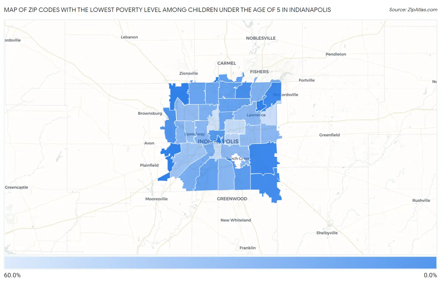 Zip Codes with the Lowest Poverty Level Among Children Under the Age of 5 in Indianapolis Map