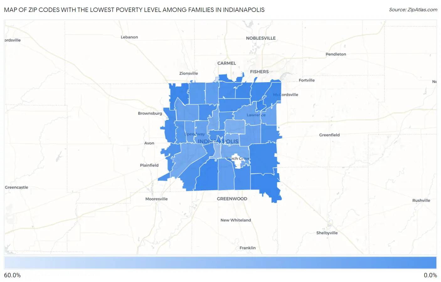 Zip Codes with the Lowest Poverty Level Among Families in Indianapolis Map