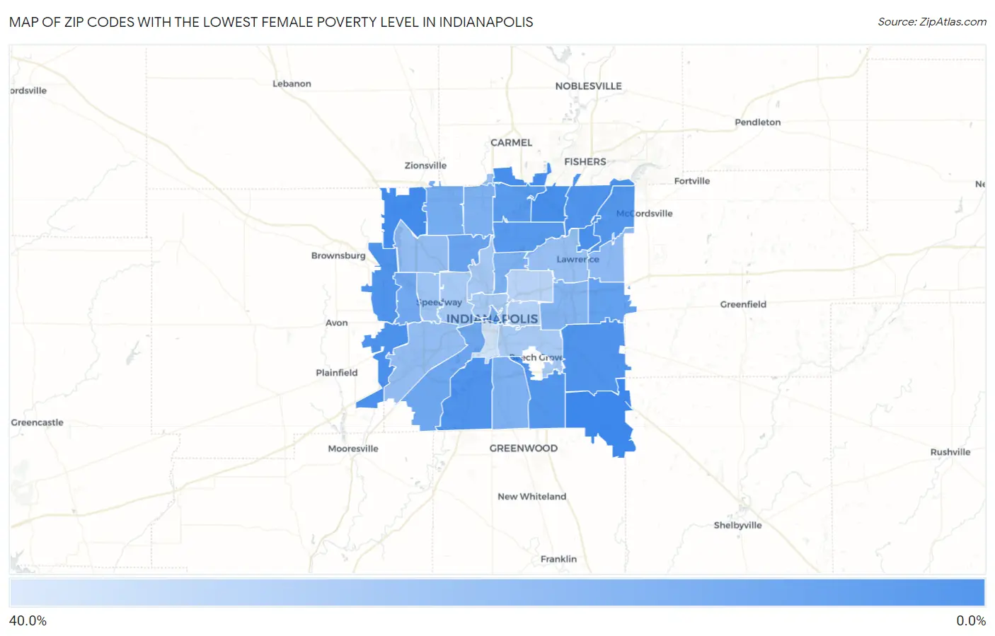 Zip Codes with the Lowest Female Poverty Level in Indianapolis Map