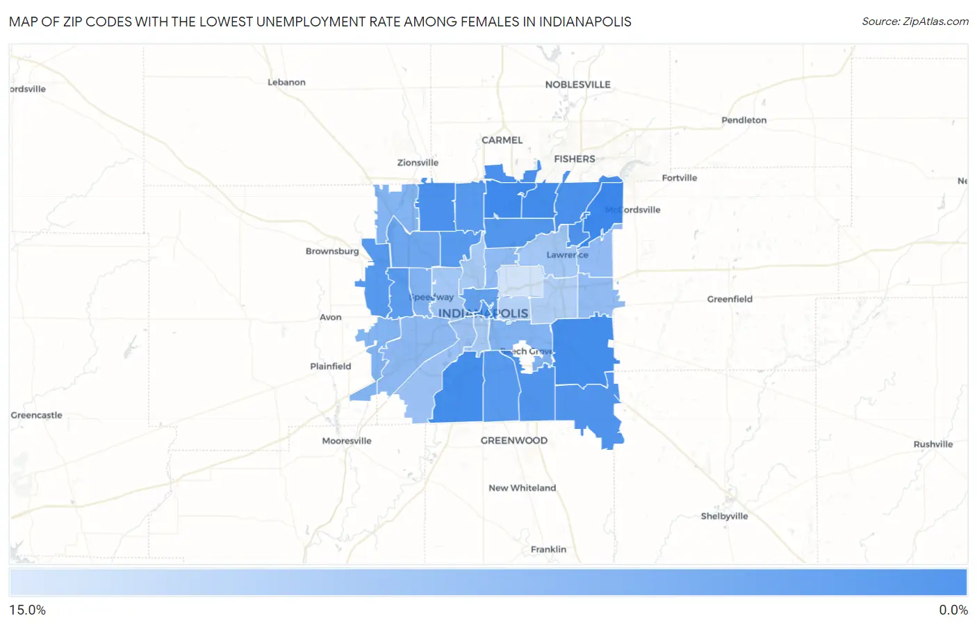 Zip Codes with the Lowest Unemployment Rate Among Females in Indianapolis Map