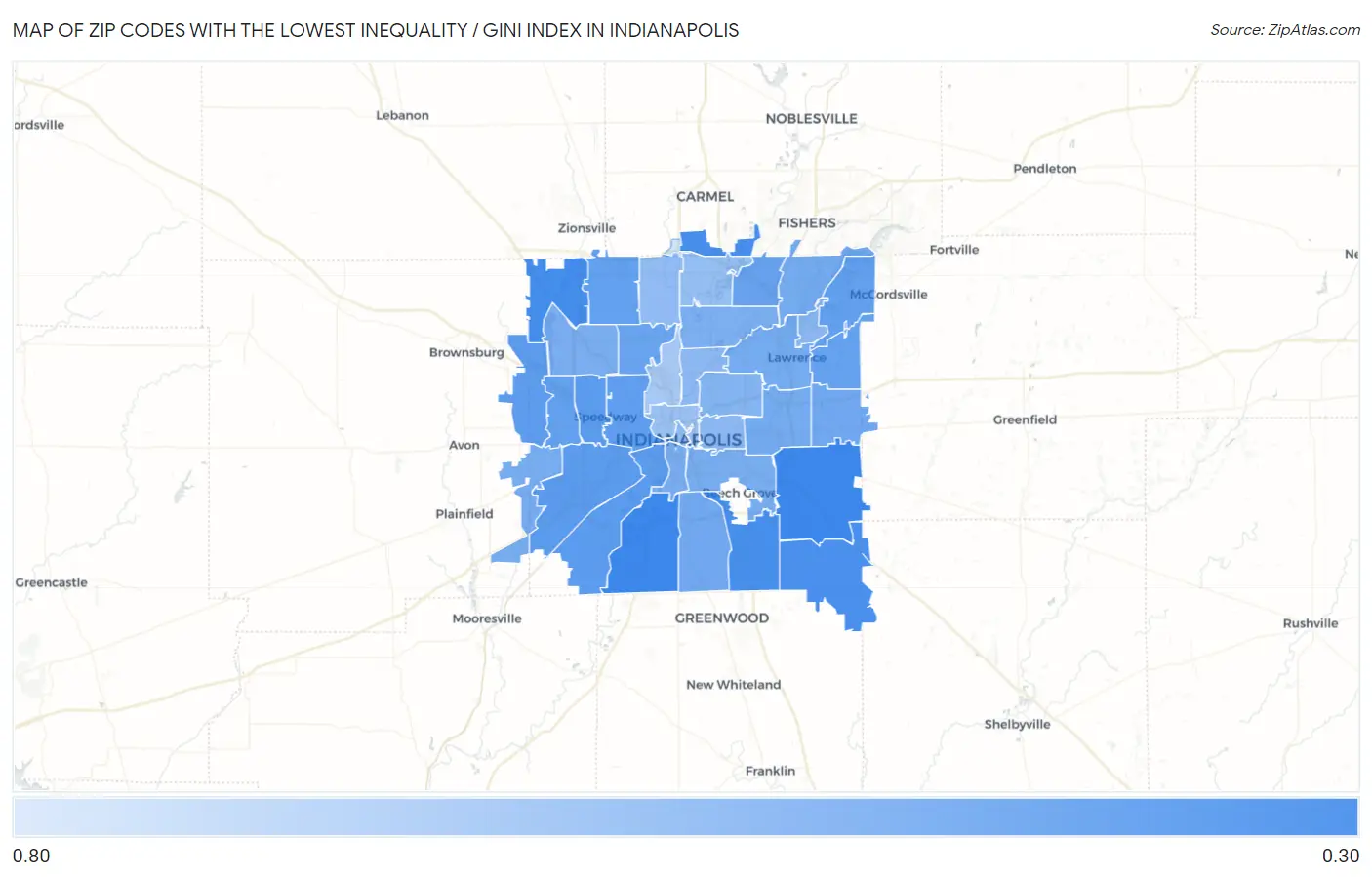 Zip Codes with the Lowest Inequality / Gini Index in Indianapolis Map