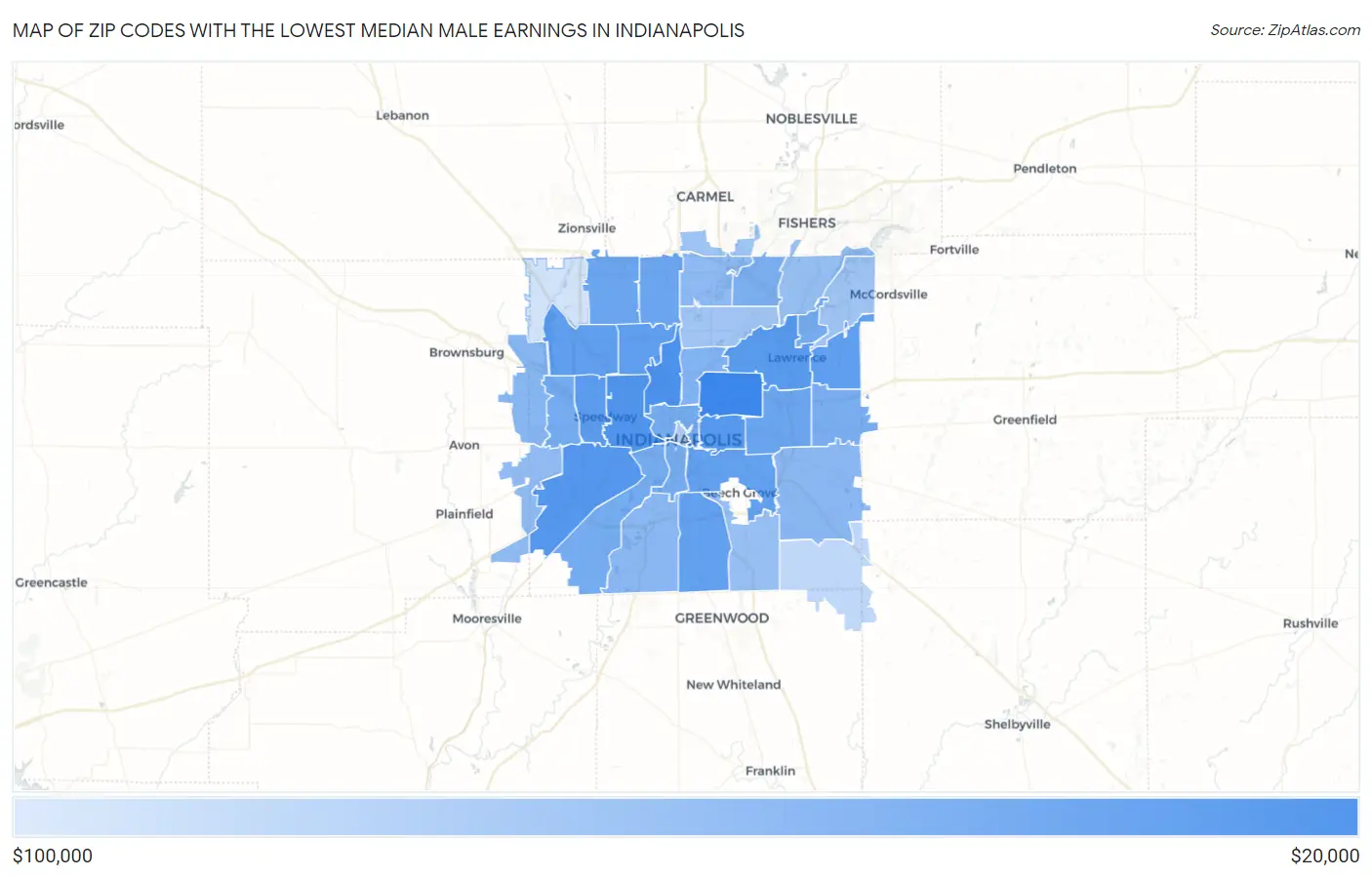 Zip Codes with the Lowest Median Male Earnings in Indianapolis Map
