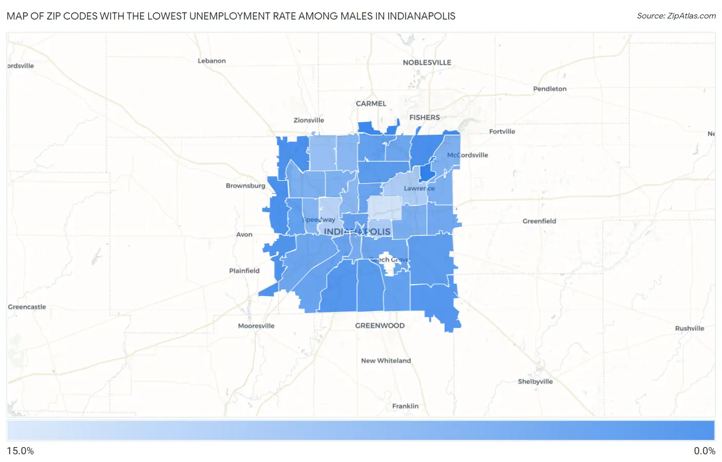 Zip Codes with the Lowest Unemployment Rate Among Males in Indianapolis Map