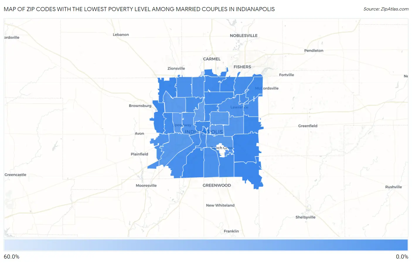 Zip Codes with the Lowest Poverty Level Among Married Couples in Indianapolis Map