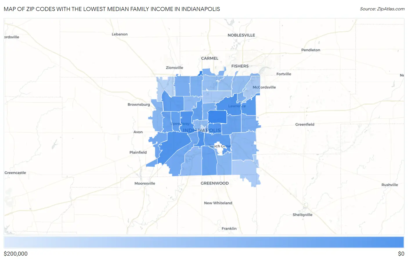 Zip Codes with the Lowest Median Family Income in Indianapolis Map