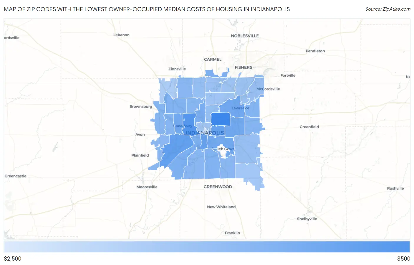 Zip Codes with the Lowest Owner-Occupied Median Costs of Housing in Indianapolis Map