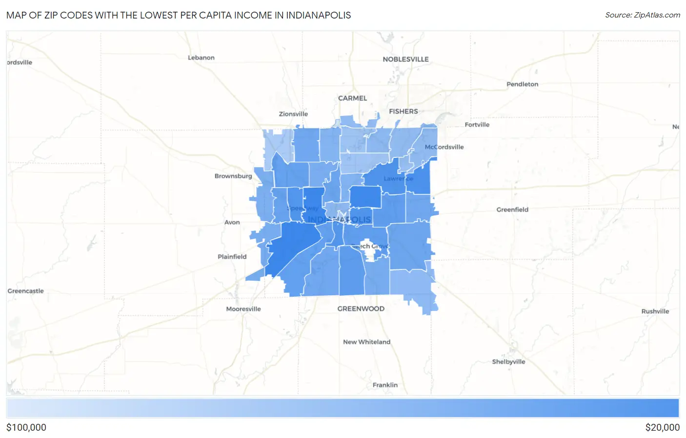 Zip Codes with the Lowest Per Capita Income in Indianapolis Map