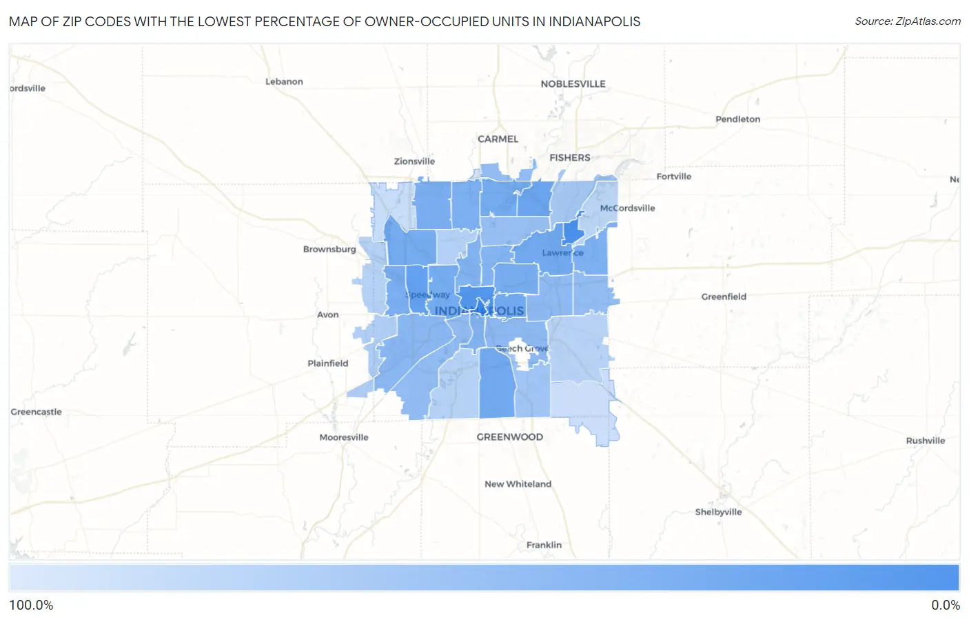 Zip Codes with the Lowest Percentage of Owner-Occupied Units in Indianapolis Map