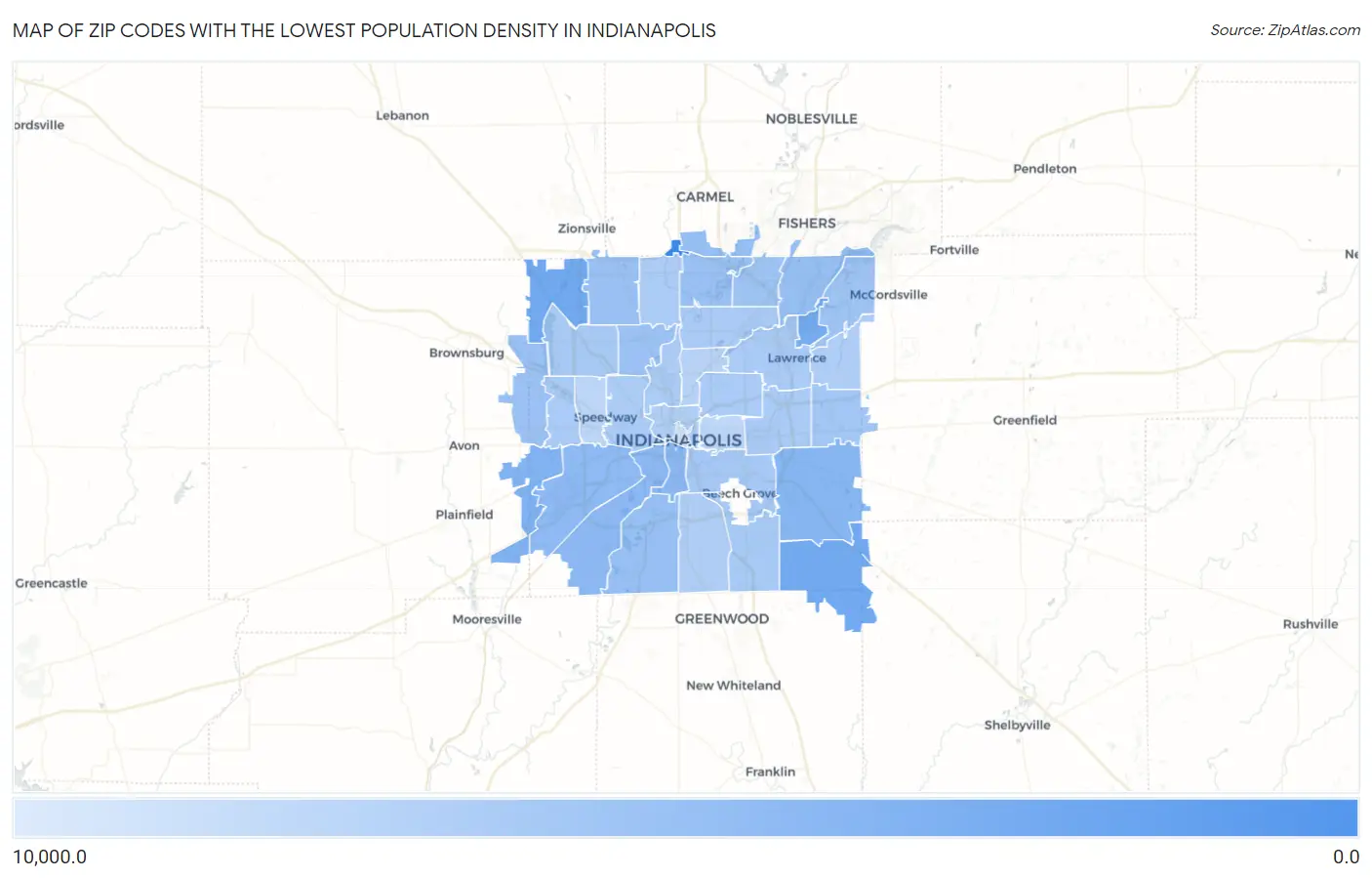 Zip Codes with the Lowest Population Density in Indianapolis Map