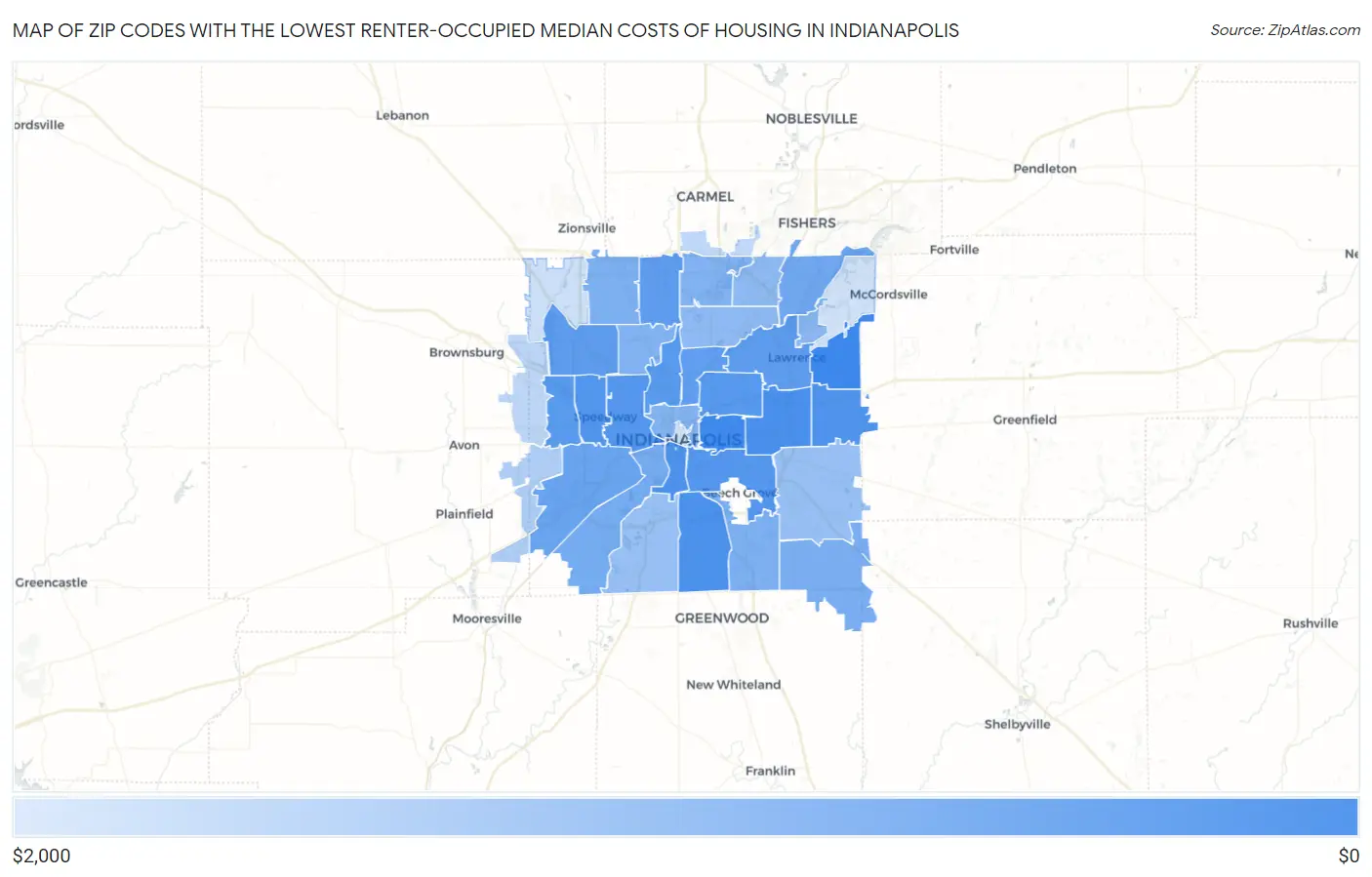Zip Codes with the Lowest Renter-Occupied Median Costs of Housing in Indianapolis Map