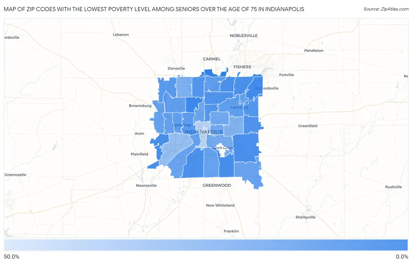 Zip Codes with the Lowest Poverty Level Among Seniors Over the Age of 75 in Indianapolis Map