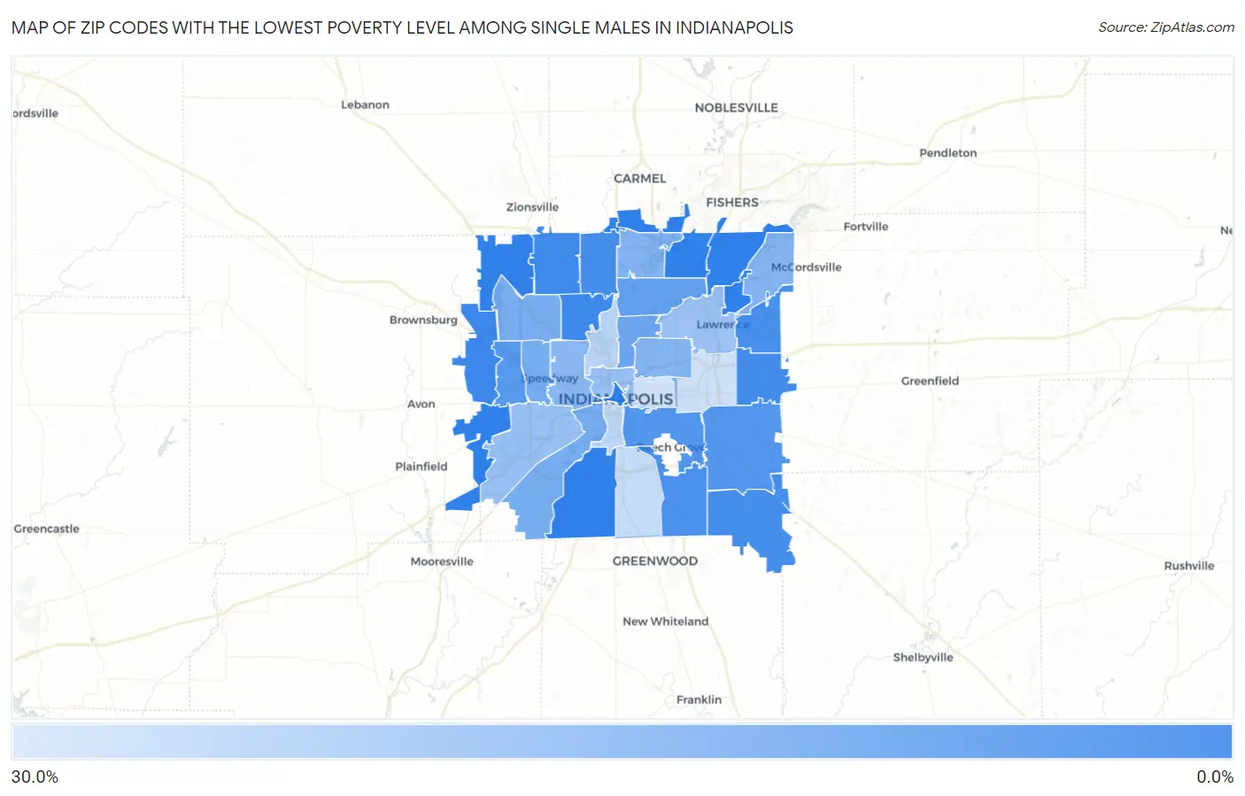 Zip Codes with the Lowest Poverty Level Among Single Males in Indianapolis Map