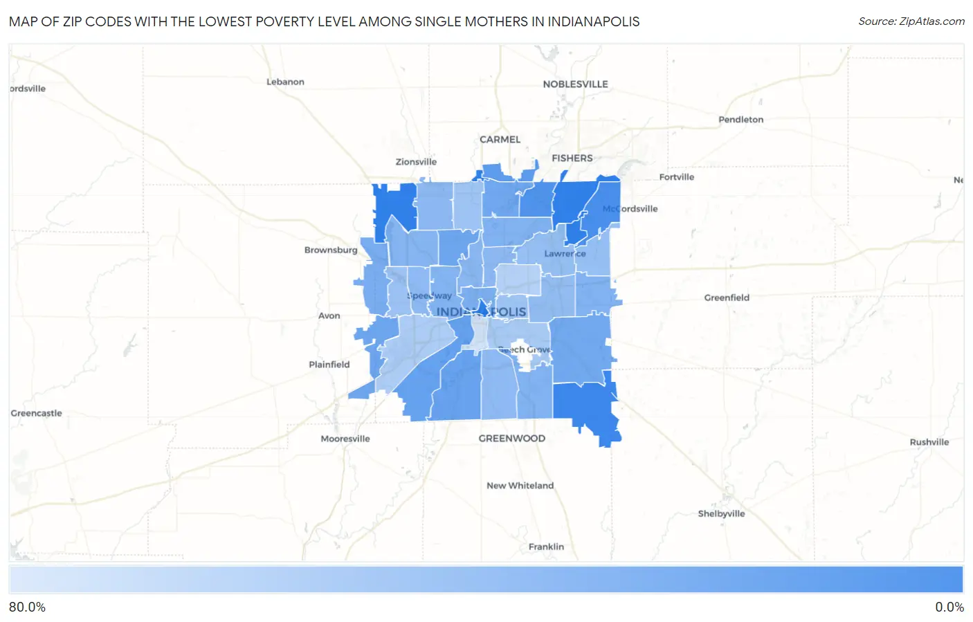Zip Codes with the Lowest Poverty Level Among Single Mothers in Indianapolis Map