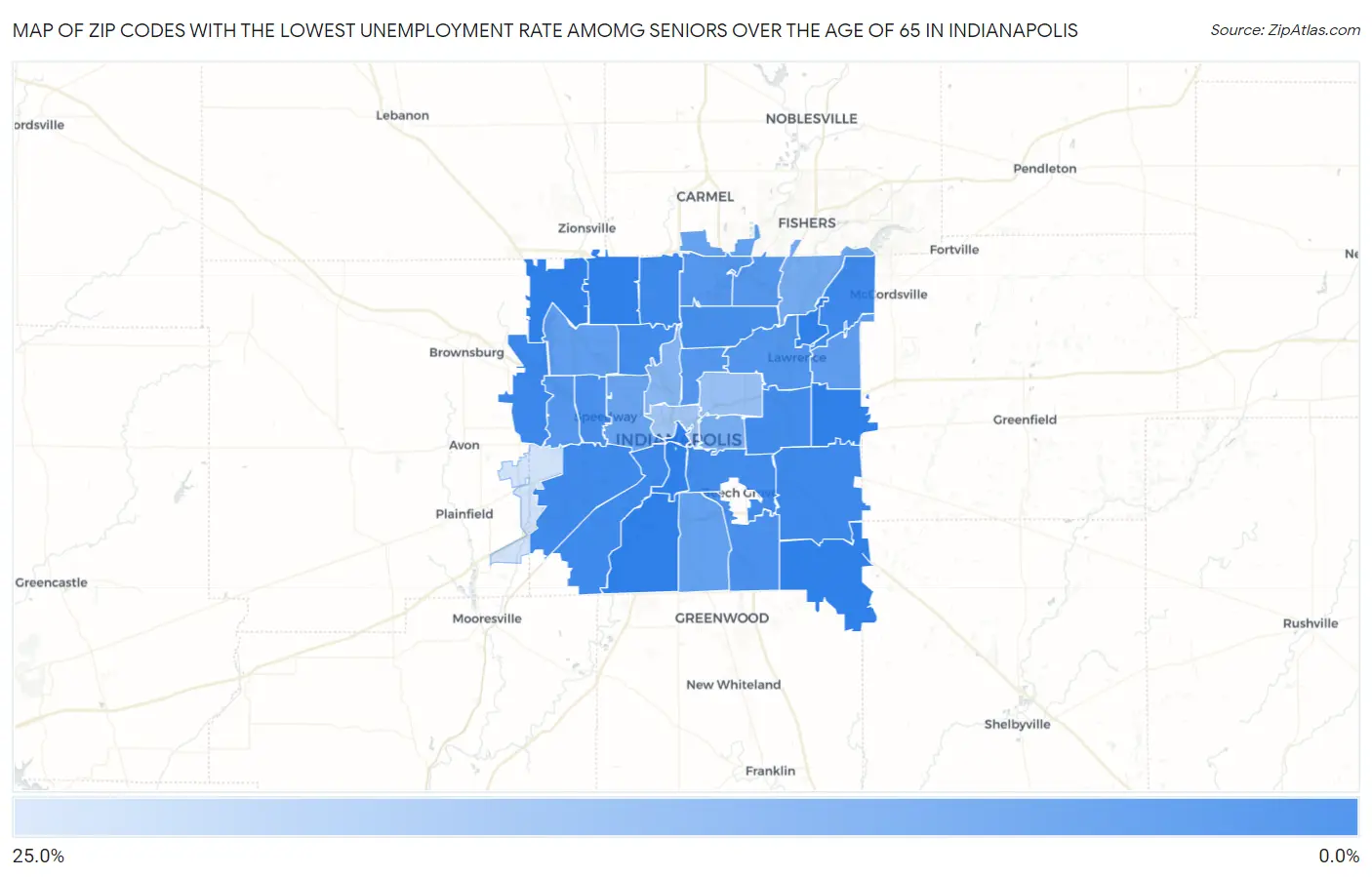 Zip Codes with the Lowest Unemployment Rate Amomg Seniors Over the Age of 65 in Indianapolis Map