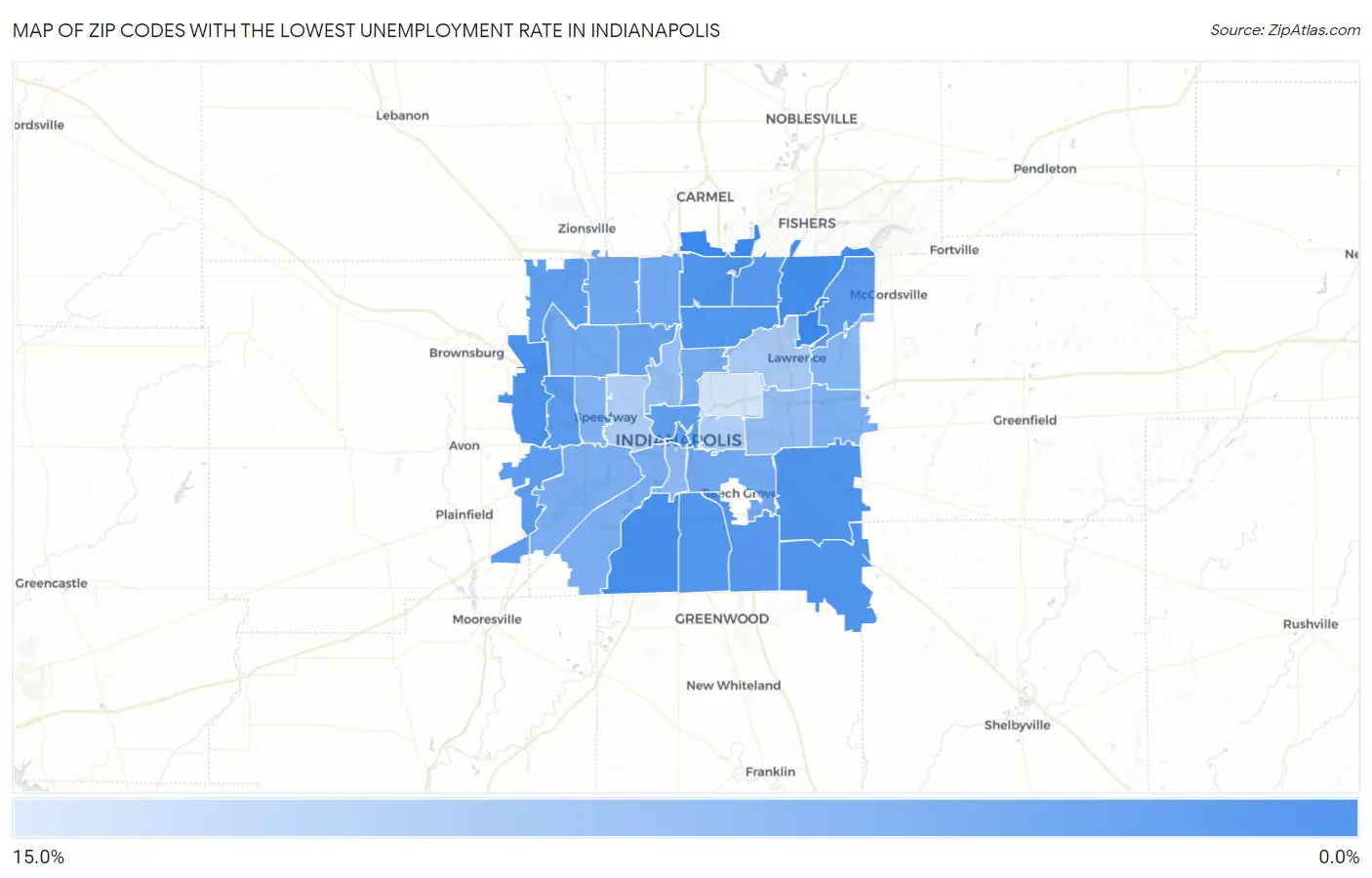 Zip Codes with the Lowest Unemployment Rate in Indianapolis Map
