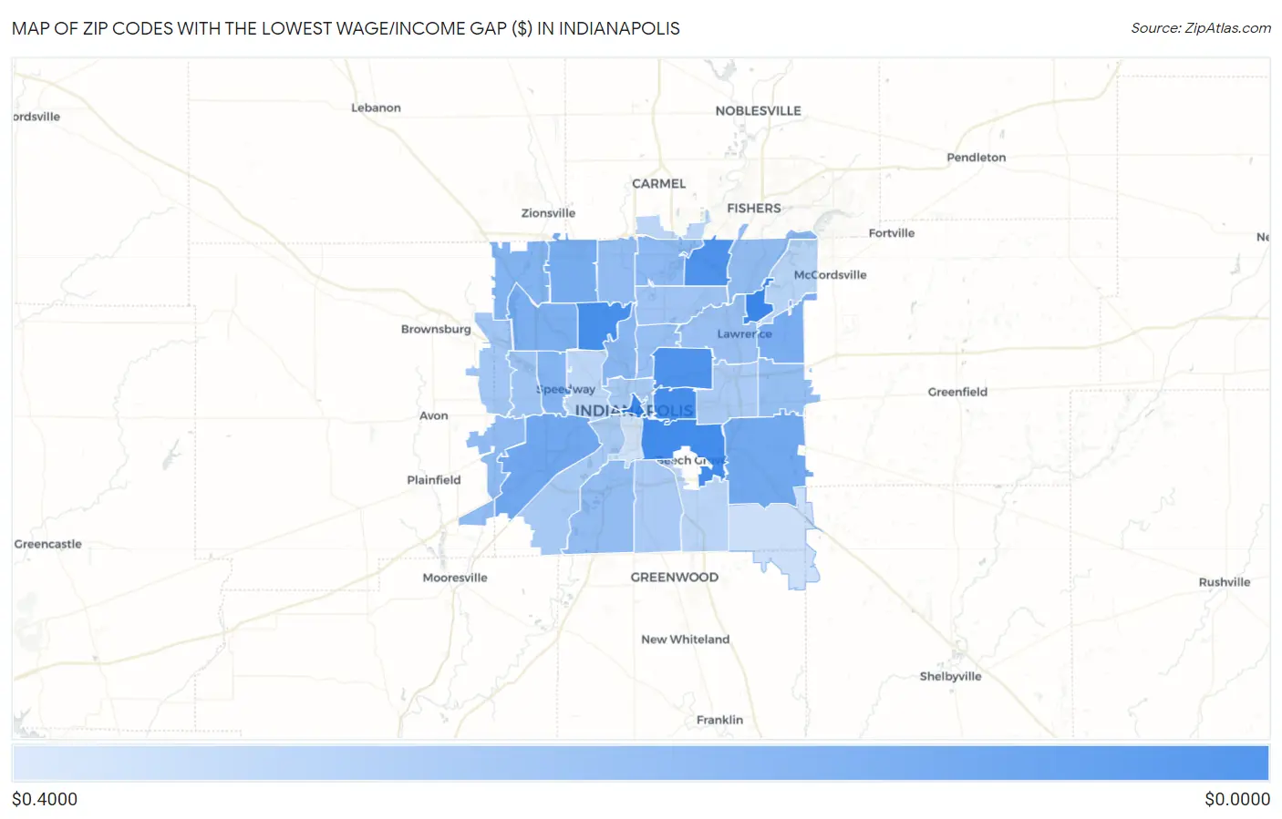 Zip Codes with the Lowest Wage/Income Gap ($) in Indianapolis Map
