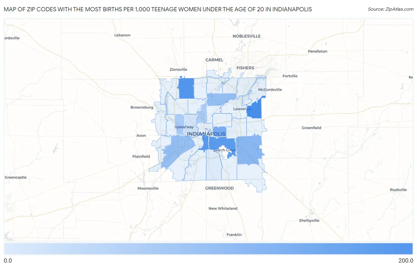 Zip Codes with the Most Births per 1,000 Teenage Women Under the Age of 20 in Indianapolis Map