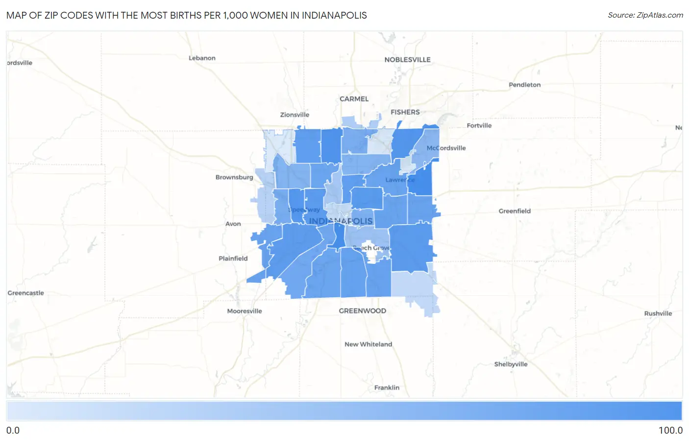 Zip Codes with the Most Births per 1,000 Women in Indianapolis Map