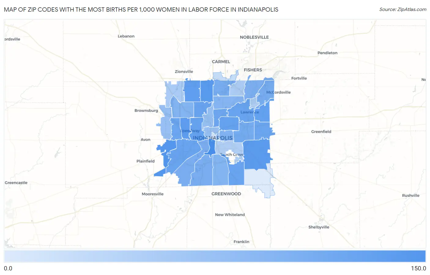 Zip Codes with the Most Births per 1,000 Women in Labor Force in Indianapolis Map