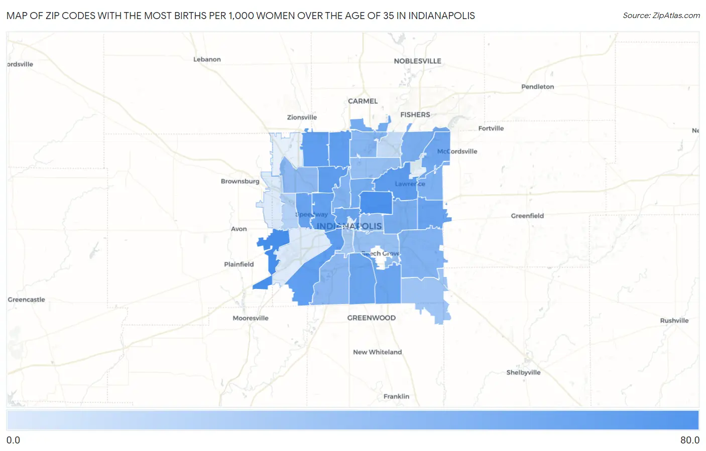Zip Codes with the Most Births per 1,000 Women Over the Age of 35 in Indianapolis Map