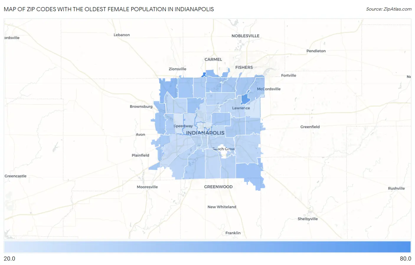 Zip Codes with the Oldest Female Population in Indianapolis Map