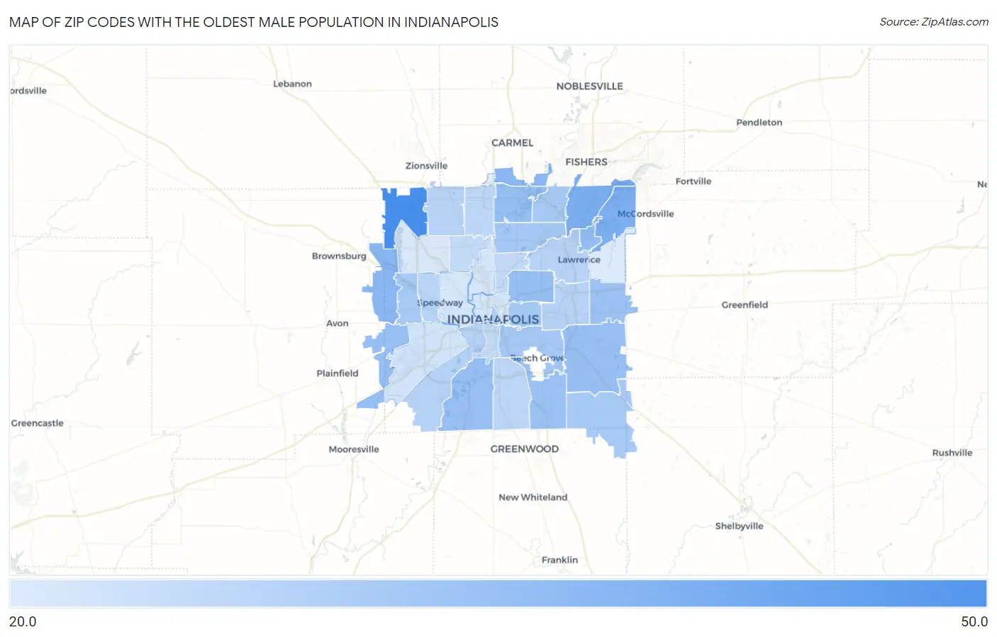 Zip Codes with the Oldest Male Population in Indianapolis Map