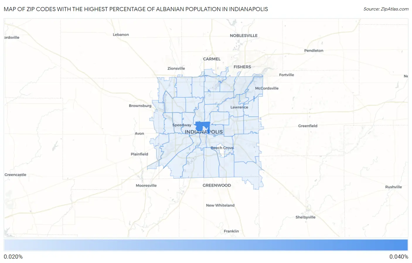 Zip Codes with the Highest Percentage of Albanian Population in Indianapolis Map