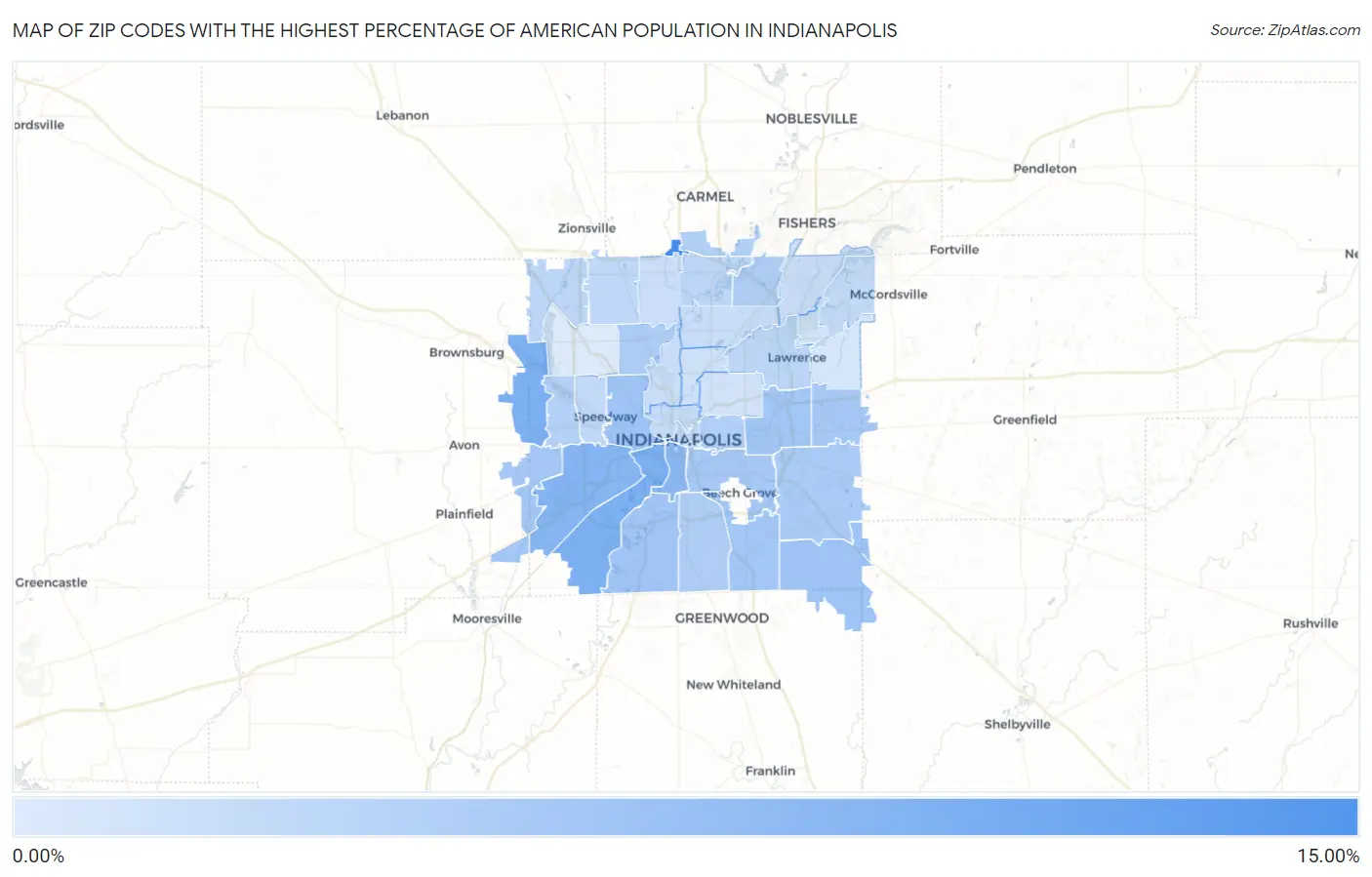 Zip Codes with the Highest Percentage of American Population in Indianapolis Map