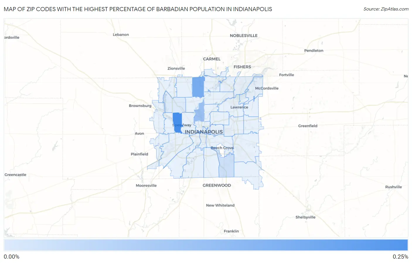 Zip Codes with the Highest Percentage of Barbadian Population in Indianapolis Map