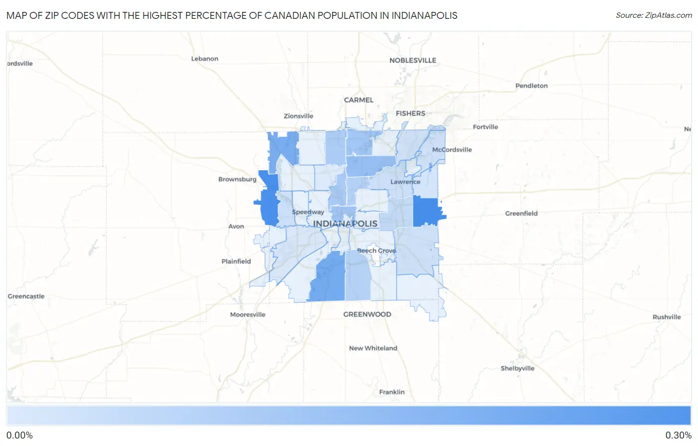 Zip Codes with the Highest Percentage of Canadian Population in Indianapolis Map