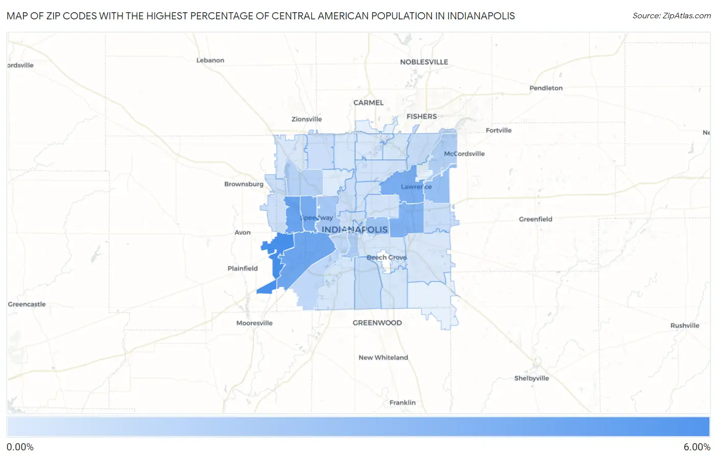 Zip Codes with the Highest Percentage of Central American Population in Indianapolis Map