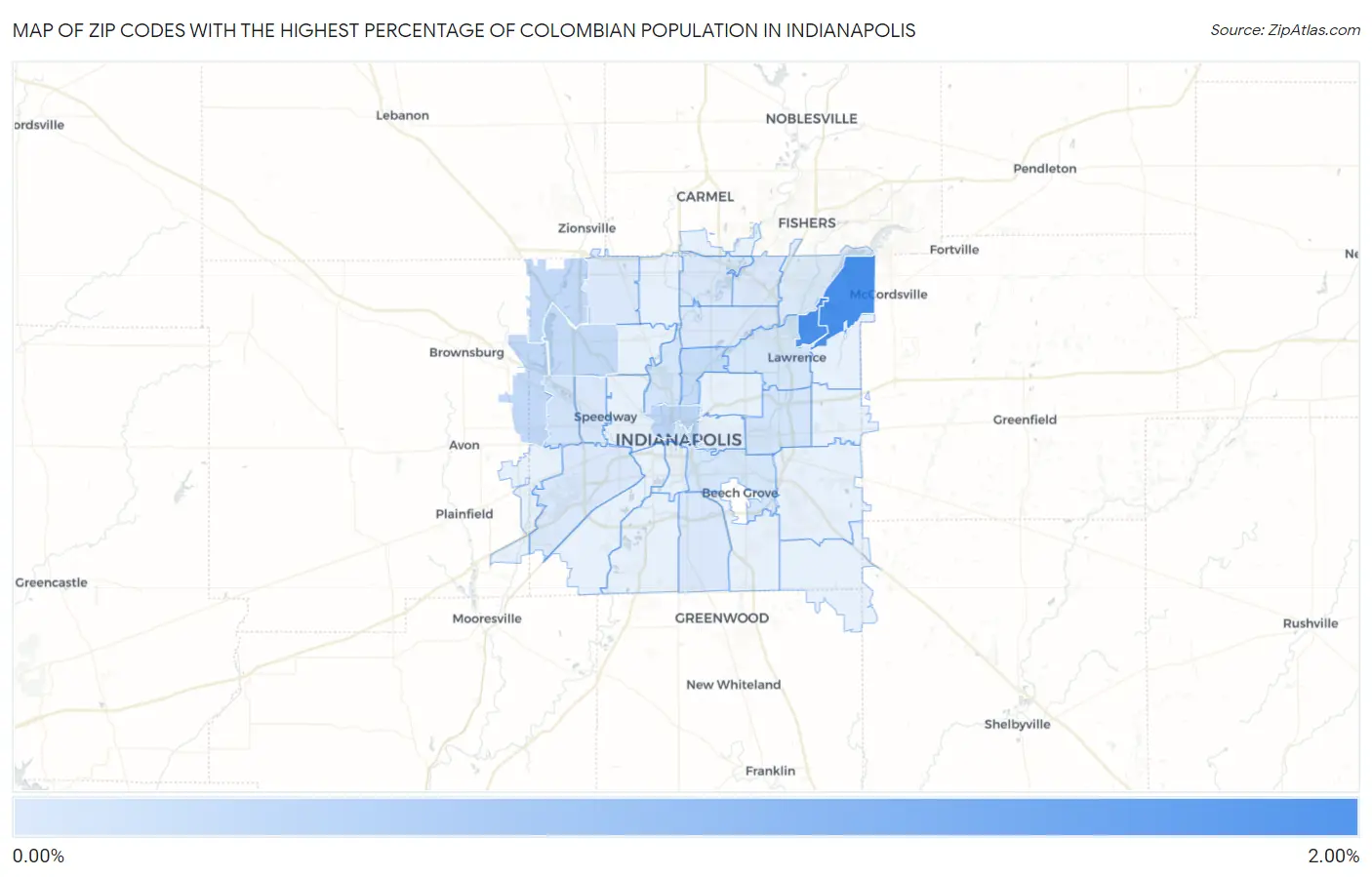 Zip Codes with the Highest Percentage of Colombian Population in Indianapolis Map