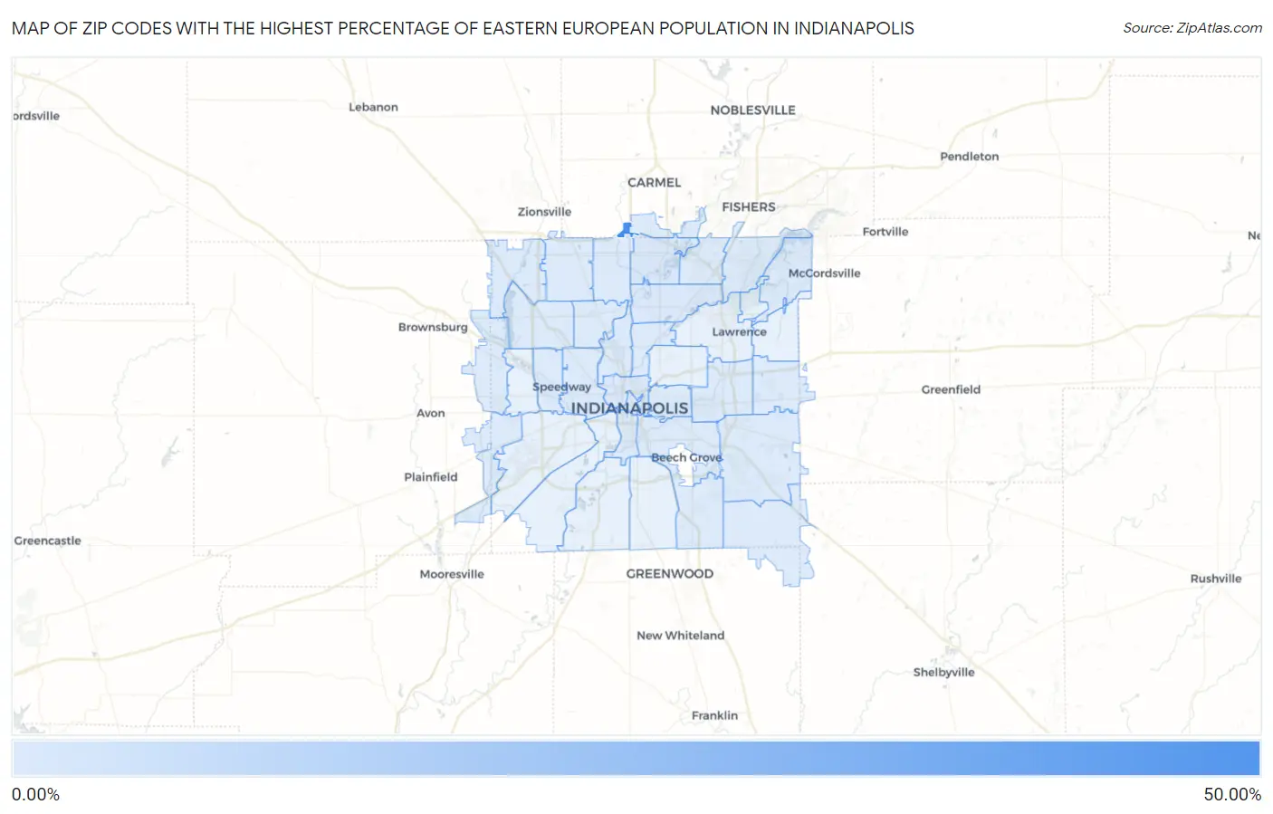 Zip Codes with the Highest Percentage of Eastern European Population in Indianapolis Map