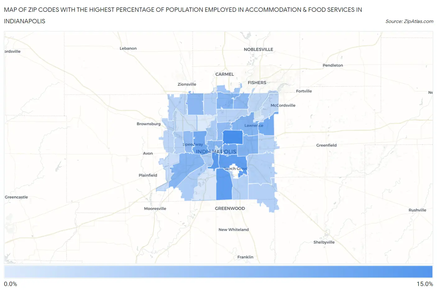 Zip Codes with the Highest Percentage of Population Employed in Accommodation & Food Services in Indianapolis Map