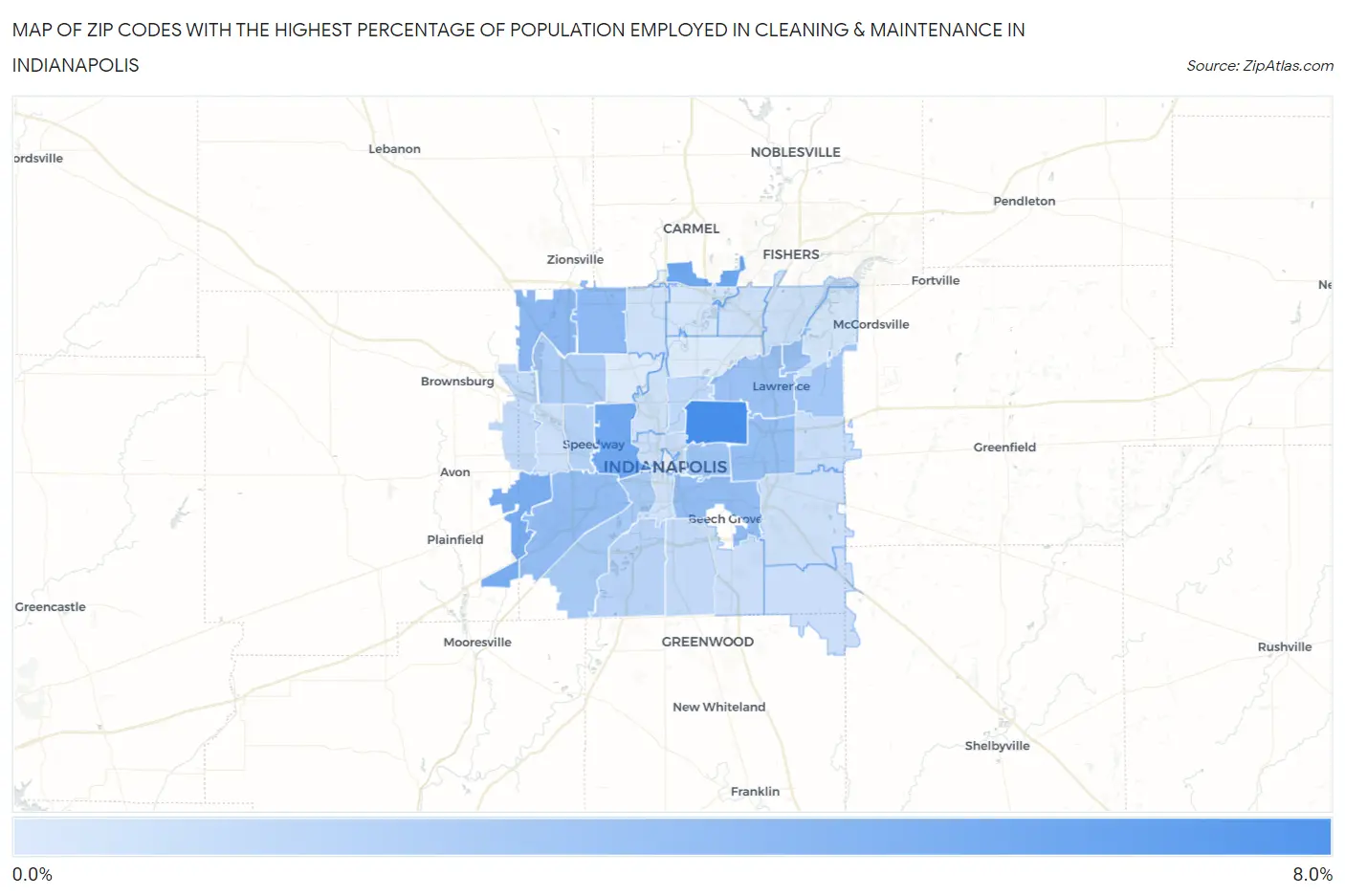 Zip Codes with the Highest Percentage of Population Employed in Cleaning & Maintenance in Indianapolis Map