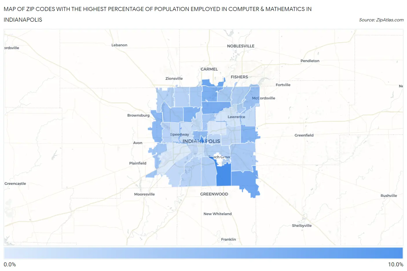 Zip Codes with the Highest Percentage of Population Employed in Computer & Mathematics in Indianapolis Map