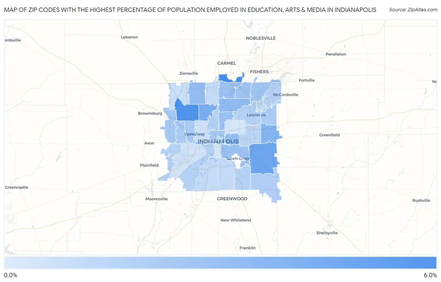 Zip Codes with the Highest Percentage of Population Employed in Education, Arts & Media in Indianapolis Map