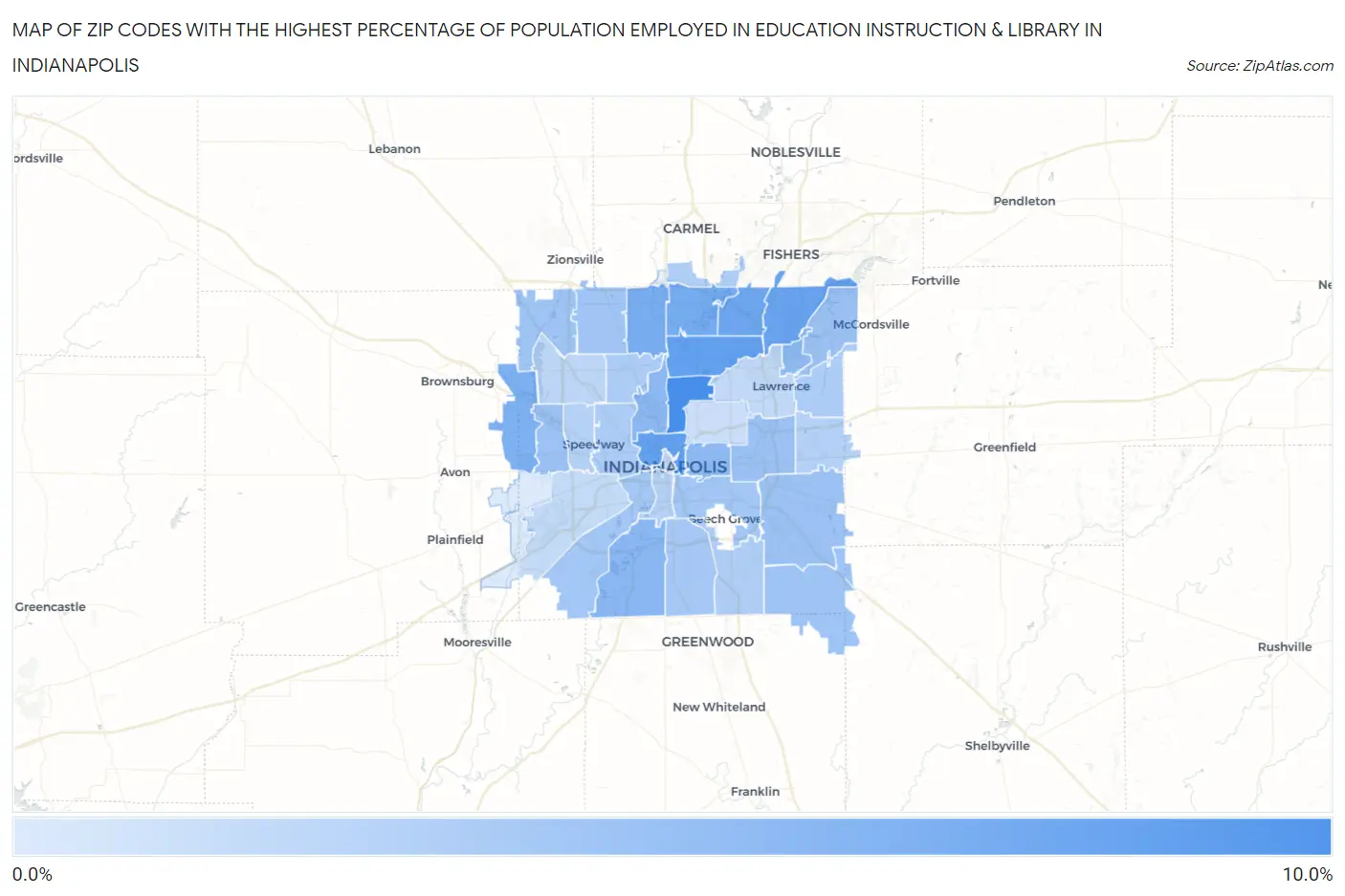 Zip Codes with the Highest Percentage of Population Employed in Education Instruction & Library in Indianapolis Map