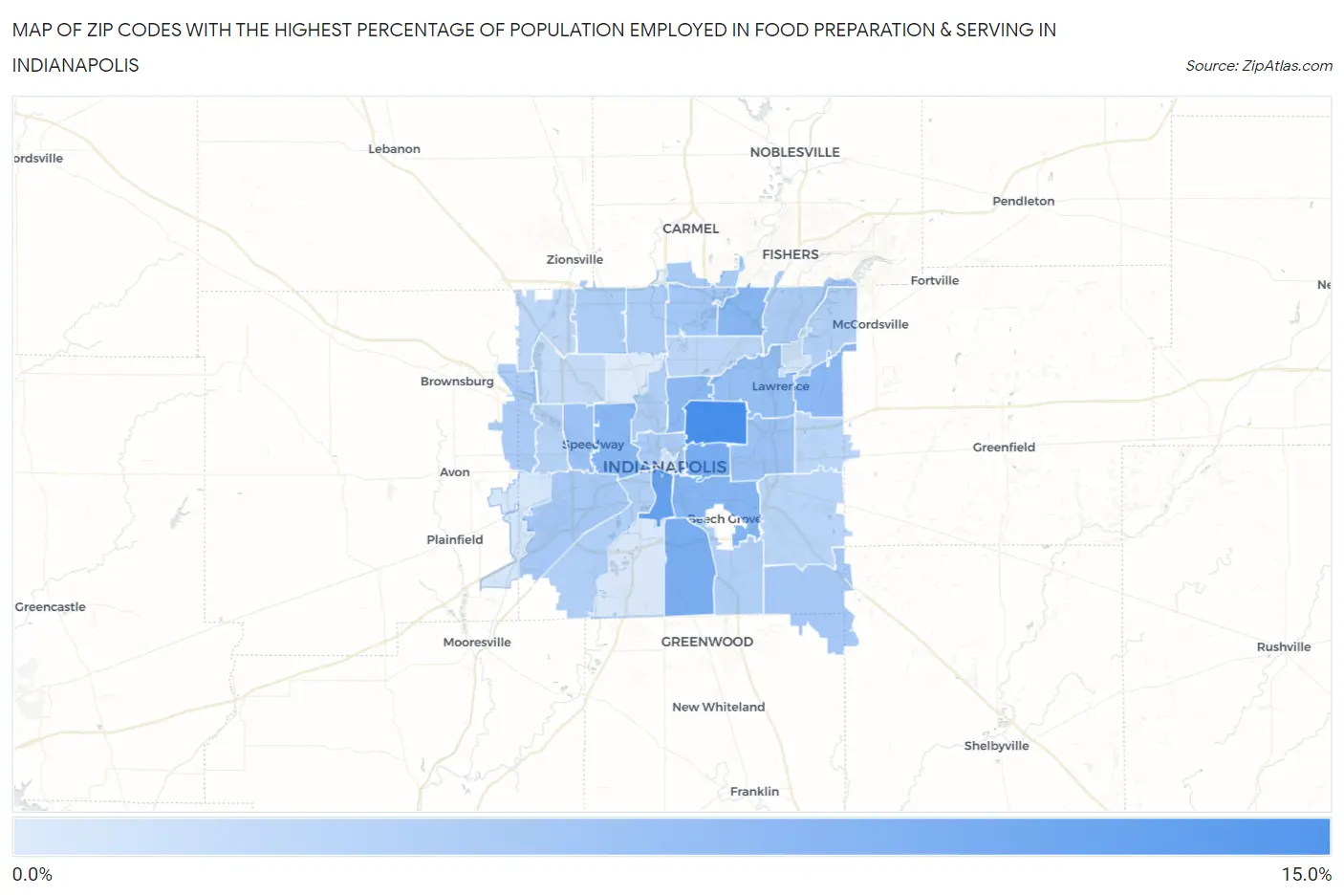 Zip Codes with the Highest Percentage of Population Employed in Food Preparation & Serving in Indianapolis Map