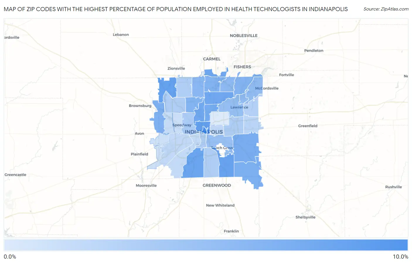 Zip Codes with the Highest Percentage of Population Employed in Health Technologists in Indianapolis Map